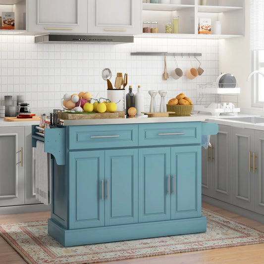 Rolling Kitchen Island with Storage, Stainless Steel Top, Light Blue Kitchen Islands & Kitchen Carts Light Blue at Gallery Canada