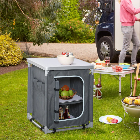 Camping Kitchen Station, Aluminum Table with 2-Shelf, Carrying Bag, Grey Picnic Tables & Camping Chairs Grey at Gallery Canada