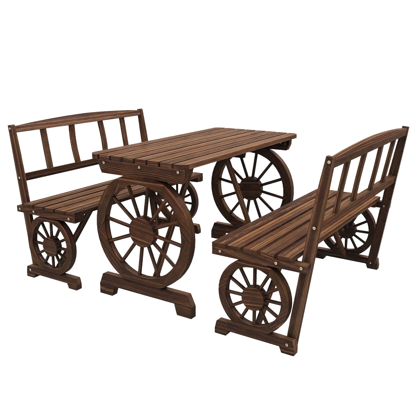 Wooden Patio Table and Chairs, 3-Piece, Carriage Wheels, Carbonized Bistro Sets at Gallery Canada