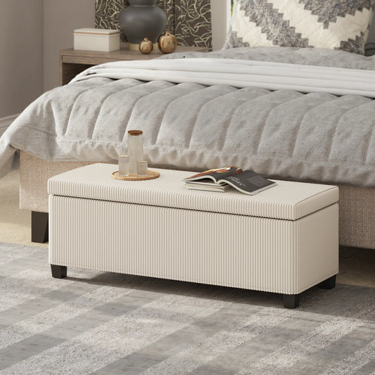44 Inches Ottoman with Storage, Lid, Legs, Corduroy Bench, Beige