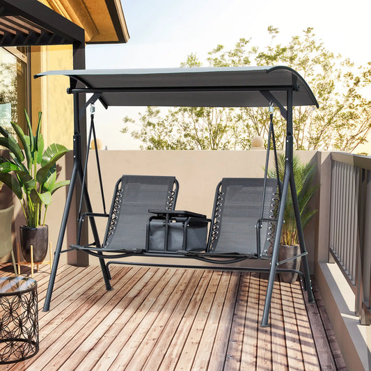 2 Person Porch Swing with Storage Table, Cup Holder, Canopy, Grey Patio Swings with Stand Grey, Black at Gallery Canada