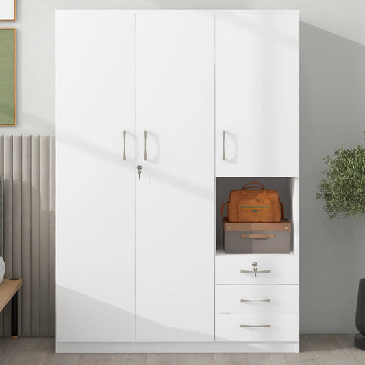 Wooden Wardrobe, Shelves, 3 Drawers, Hanging Rod, 47" L x 20" W x 69" H, White Clothing Storage White at Gallery Canada