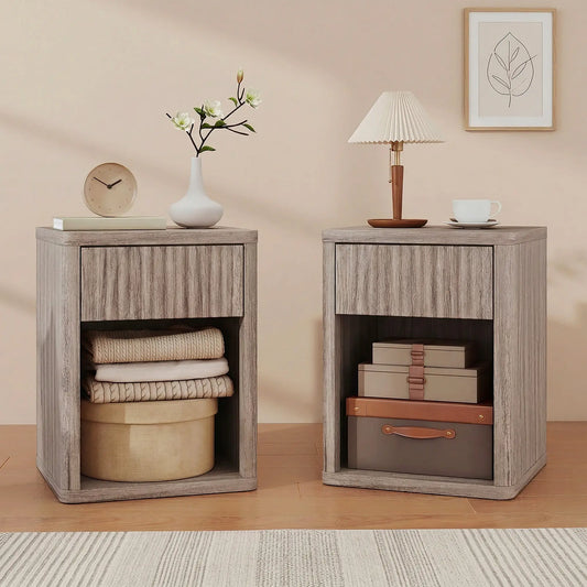 Modern Nightstand With Drawer, Open Shelf, Set Of 2, Grey Bedside Tables Grey at Gallery Canada