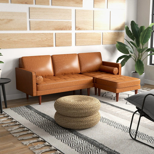Faux Leather L-Shaped Sectional Sofa, Footstool, 2 Pillows, Brown 3-Seater Sofas Brown at Gallery Canada