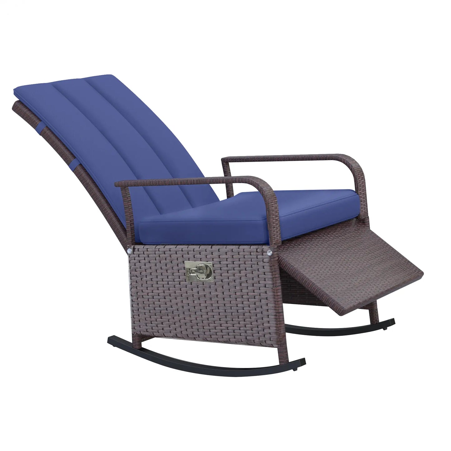 Outdoor Wicker Rocking Chair with Cushion, PE Rattan Recliner, Adjustable Footrest, Dark Blue Outdoor Rocking Chairs at Gallery Canada