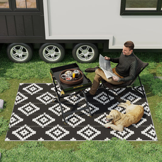 Reversible Outdoor RV Rug, 6' x 9', Patio Mat, Black & White