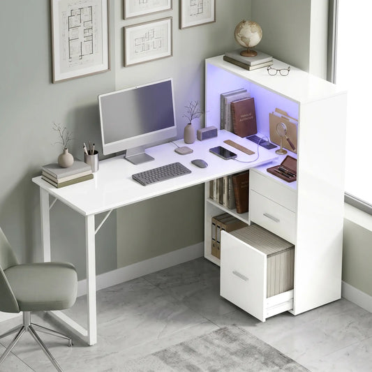 54" Computer Desk With Drawers, Power Outlets, LED Lights, White Computer Desks White at Gallery Canada
