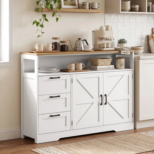 48" Farmhouse Sideboard Buffet Cabinet, 3 Drawers, Charging Station, White Bar Cabinets Multi Colour at Gallery Canada