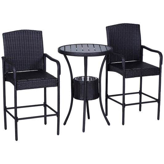 3 Pieces Patio Bar Set Rattan Bistro Table and High Chairs Garden Wicker Outdoor Conversation Furniture w/Ice Bucket Chat Set, Brown - Gallery Canada