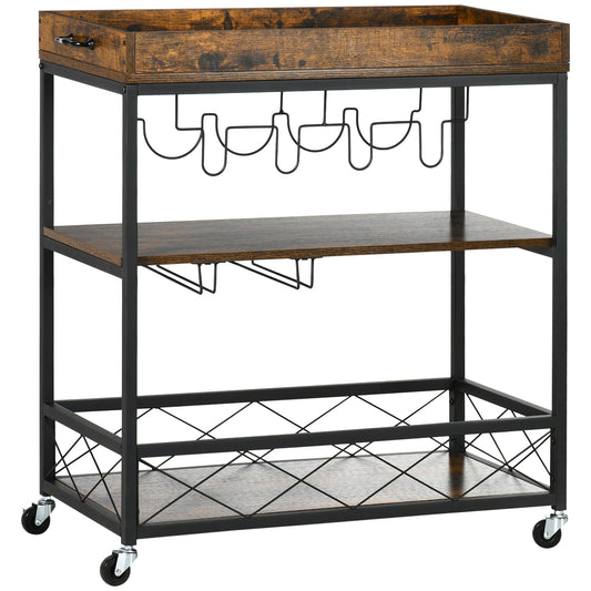 3-Tier Kitchen Cart on Wheels with Removable Tray, Wine Racks, Glass Holders Rustic Brown at Gallery Canada