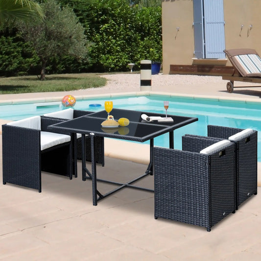 5-Piece Wicker Patio Dining Set, Removable Cushions, Glass Table, Cream Outdoor Dining Sets Black Rattan, Creamy White Cushion at Gallery Canada