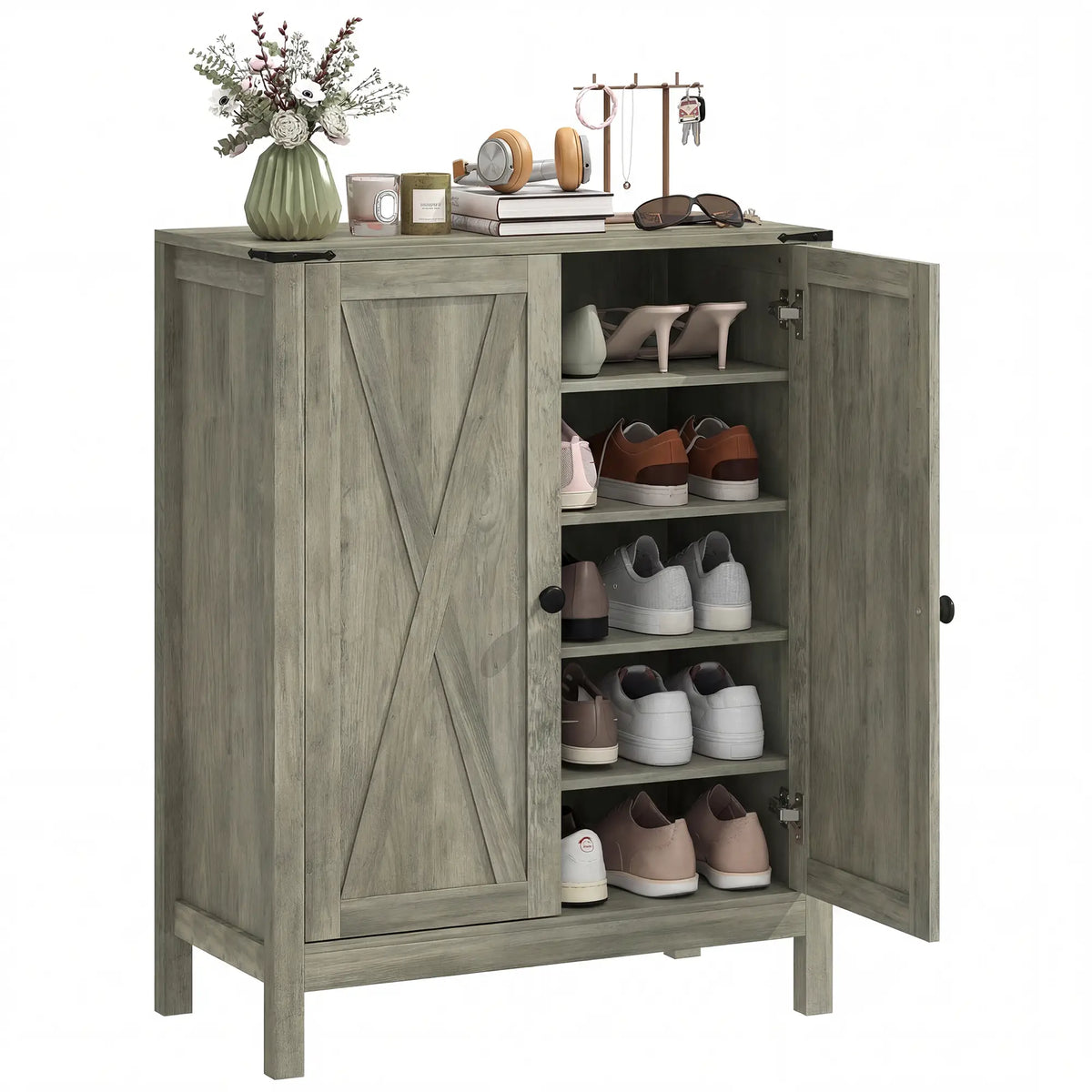 Shoe Cabinet With Barn Doors, Adjustable Shelves, Holds 15 Pairs, Grey