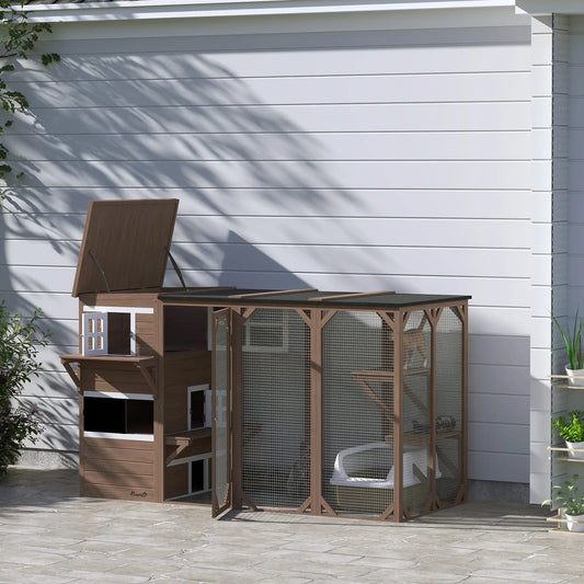 Wooden Cat Catio, 76"L Outdoor Cat House, Asphalt Roof, Brown Outdoor Cat Enclosures White, Brown, Black at Gallery Canada
