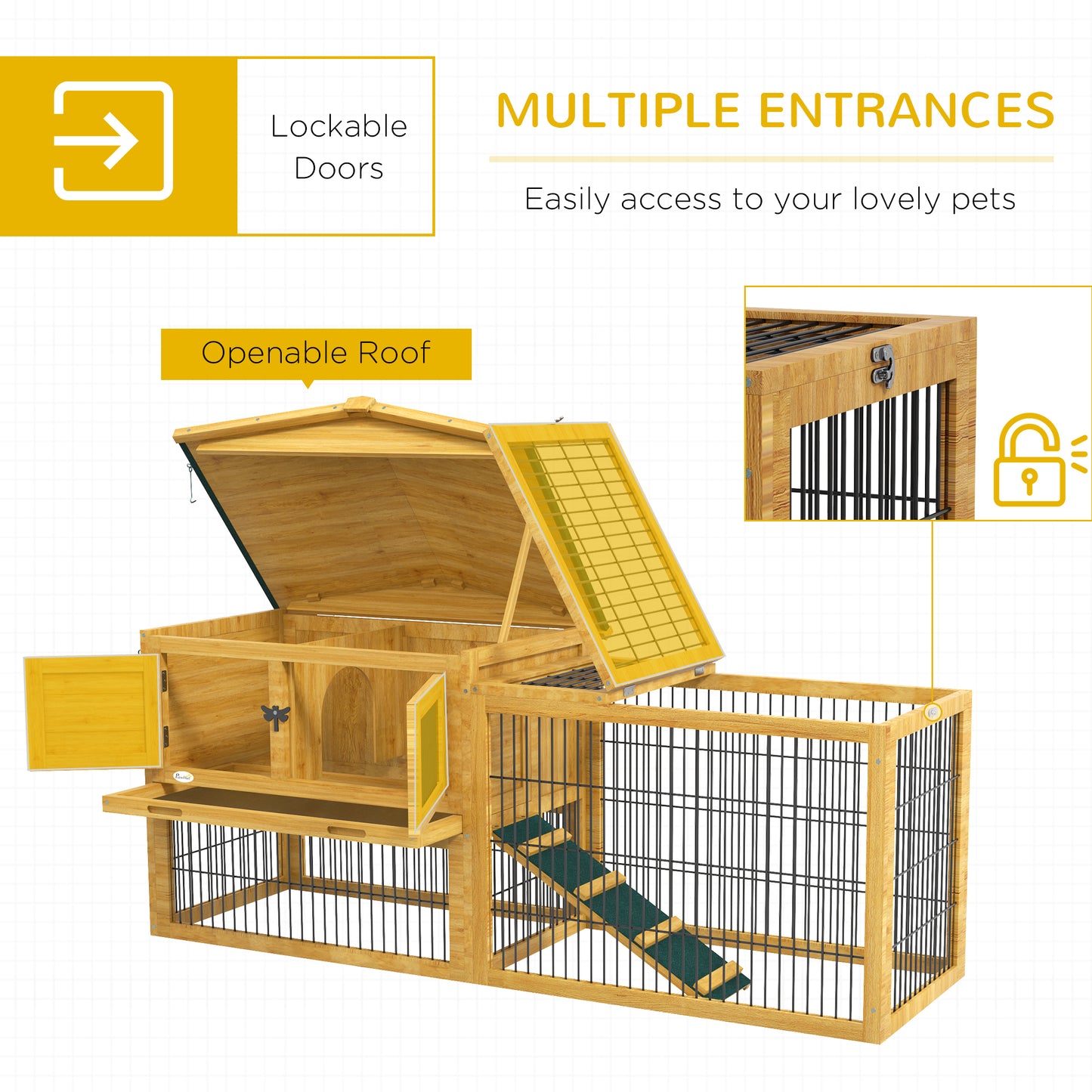 Wood Rabbit Hutch w/ Ramp, Openable Roof, Pull-out Tray, Yellow at Gallery Canada