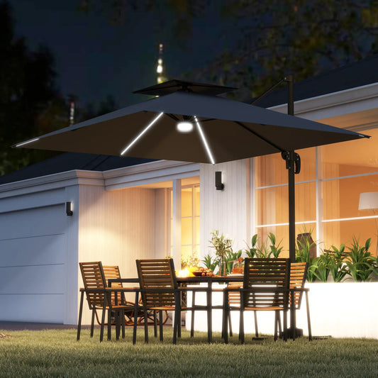 8' Cantilever Patio Umbrella, LED Lights, 360°Rotation, Dark Grey Offset Cantilever Umbrellas Dark Grey, Black at Gallery Canada
