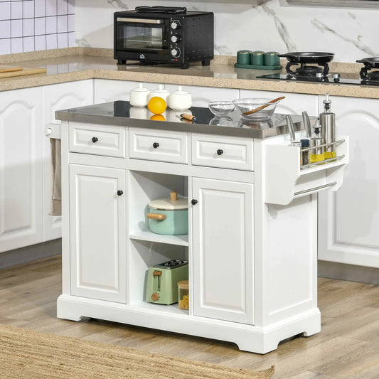 Kitchen Island on Wheels, Stainless Steel Top, Spice Rack, Drawers, White Kitchen Islands & Kitchen Carts White, Silver at Gallery Canada