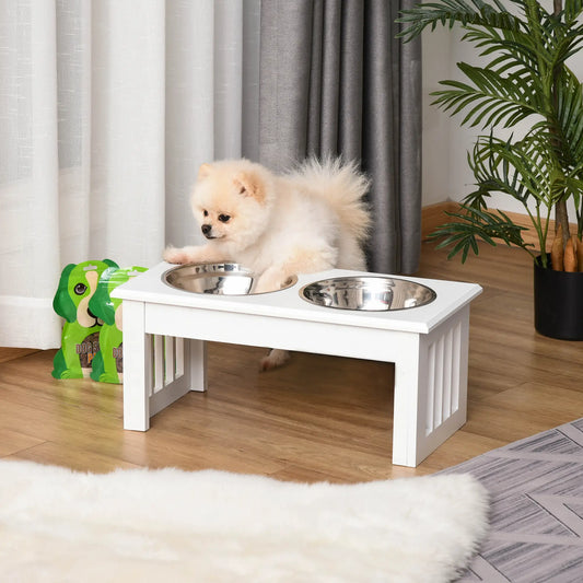 Double Pet Dog Bowl Stand, Elevated Wooden Feeder, Stainless Steel Bowls, White Dog Bowls White at Gallery Canada