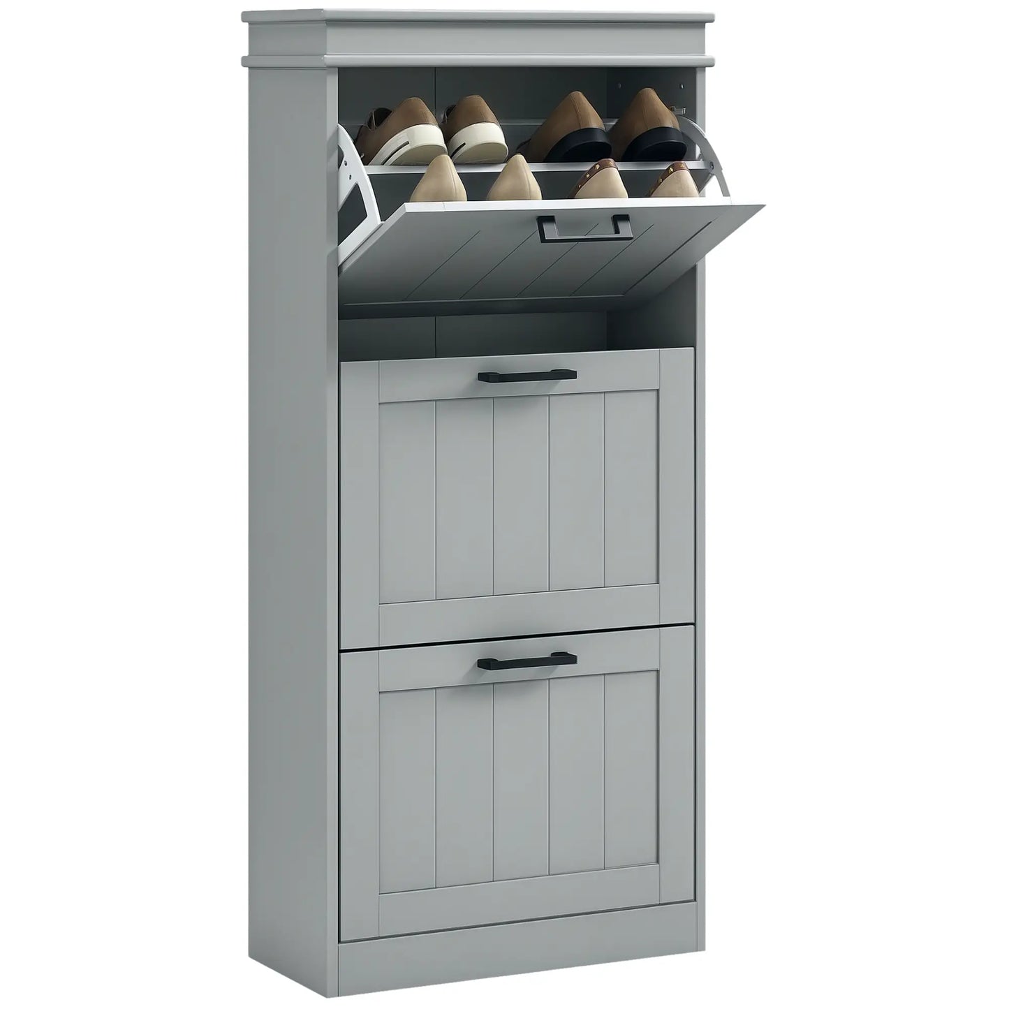 Slim Shoe Cabinet with 3 Flip Drawers and Adjustable Shelves, Narrow Shoe Cabinet for 15 Pairs of Shoes, Grey Shoe Storage Cabinets & Racks at Gallery Canada