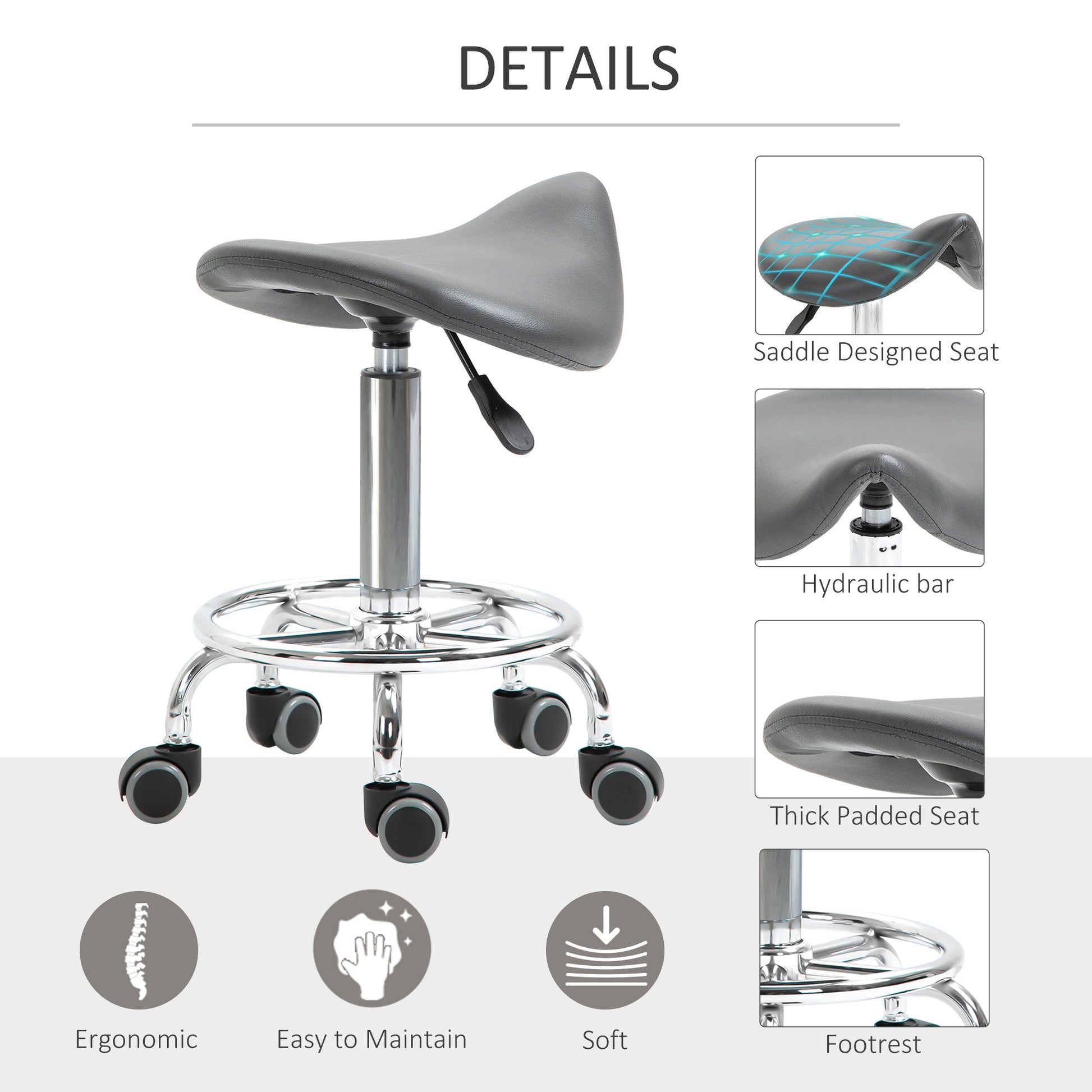 Saddle Stool, PU Leather Adjustable Rolling Salon Chair for Massage, Spa, Clinic, Beauty and Tattoo, Grey at Gallery Canada