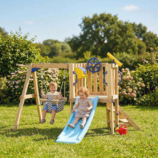 Wooden Kids Swing Set With Slide, Swing Seat, Captain's Wheel, Telescope, Natural Gym Sets & Swings Natural, Blue, Yellow at Gallery Canada