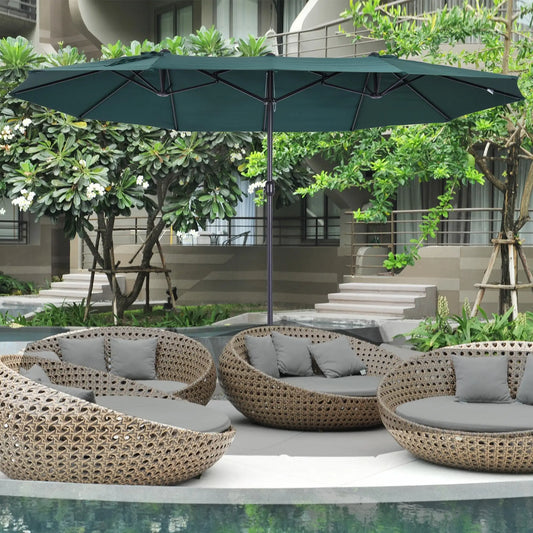 15ft Double-Sided Patio Umbrella, Twin Canopy, Crank, Dark Green Sun Umbrellas Dark Green at Gallery Canada