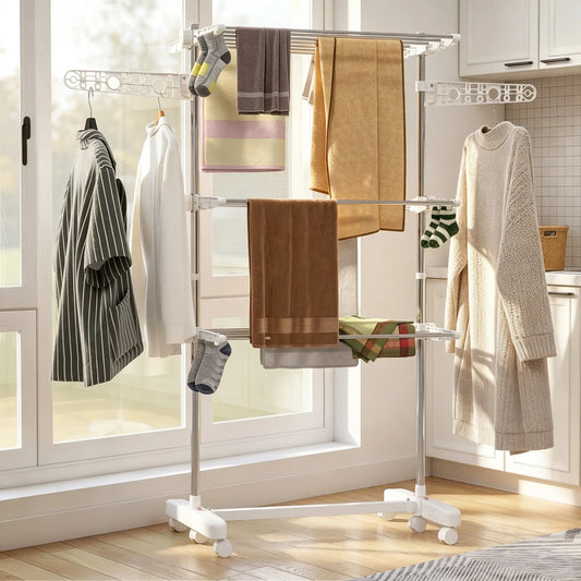 3-Niveaux Pliant Séchoir à Linge, Acier Inoxydable, Blanc