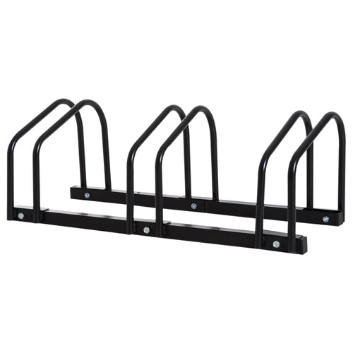 3-Bike Bicycle Floor Parking Rack Cycling Storage Stand Ground Mount Garage Organizer for Indoor and Outdoor Use Black