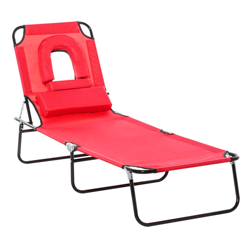 Adjustable Outdoor Lounge Chair, Garden Folding Chaise Lounge w/ Reading Hole Reclining Tanning Chair Seat, Folding Camping Beach Lounging Bed with Support Pillow, Red