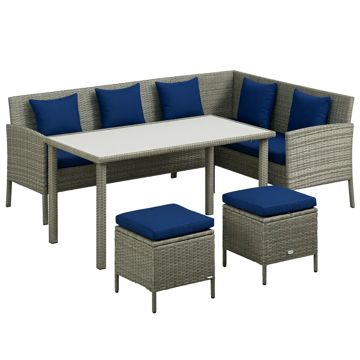 5 Piece Wicker Patio Set w/ Cushions, Table & Ottomans, Navy Patio Furniture Sets at Gallery Canada