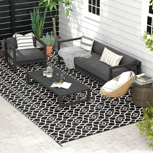 Reversible Outdoor Rug, Waterproof, 9' x 18', Clover, Black and White