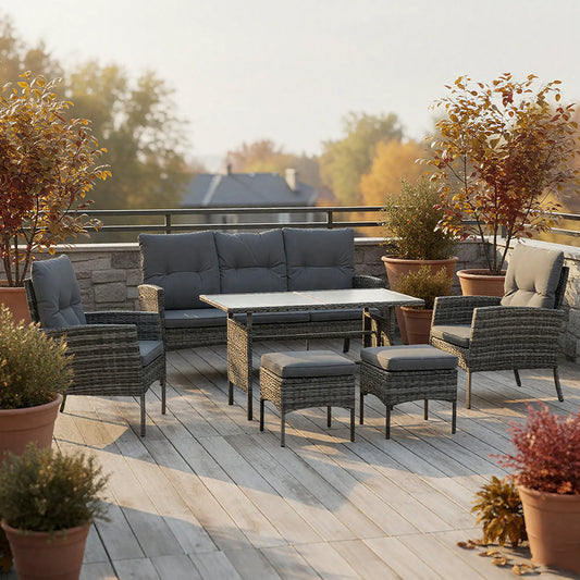 6-Piece Patio Set, Chairs, Ottomans, Sofa, Glass Table, Grey Patio Furniture Sets Grey Rattan, Grey Cushion at Gallery Canada
