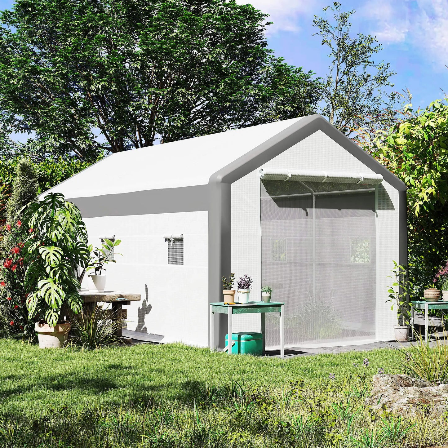 20' x 10' x 9' Walk-In Greenhouse, Roll Up Doors, 6 Windows, PE Cover, White Walk In Greenhouses at Gallery Canada