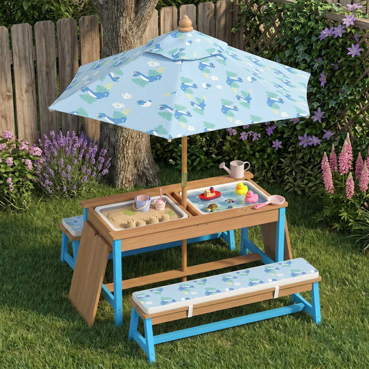 Kids Picnic Table Bench Set with Umbrella, Cushions, Boxes, Dinosaur Theme, Blue Kids Outdoor Furniture Blue, Natural at Gallery Canada