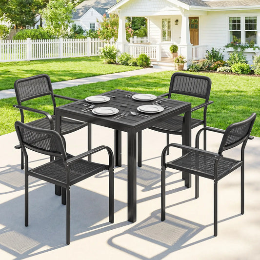 Outdoor Dining Set For 4, Faux Wood Metal Patio Table, Stackable Chairs, Black Outdoor Dining Sets Black at Gallery Canada