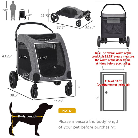 4 Wheel Pet Stroller with Storage Basket, Afjustable Handle, Ventilated Oxford Fabric for Medium Size Dogs Cat Grey - Gallery Canada