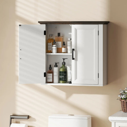 Farmhouse Medicine Cabinet, Wall Mounted, 2 Doors, Adjustable Shelf, White Wall Mounted Cabinets Distressed White, Distressed Brown at Gallery Canada
