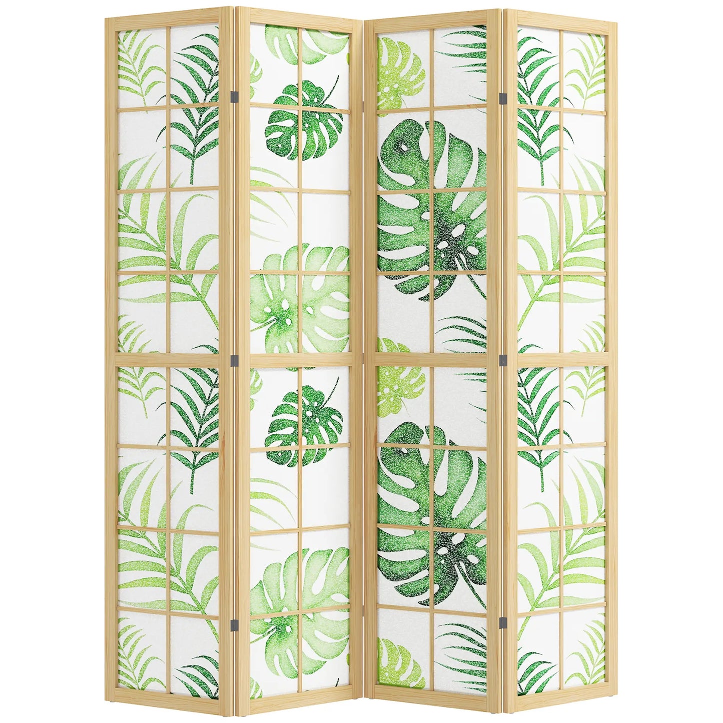 4 Panel Folding Privacy Screen, 67" Palm Leaf Design, Natural Green, Green