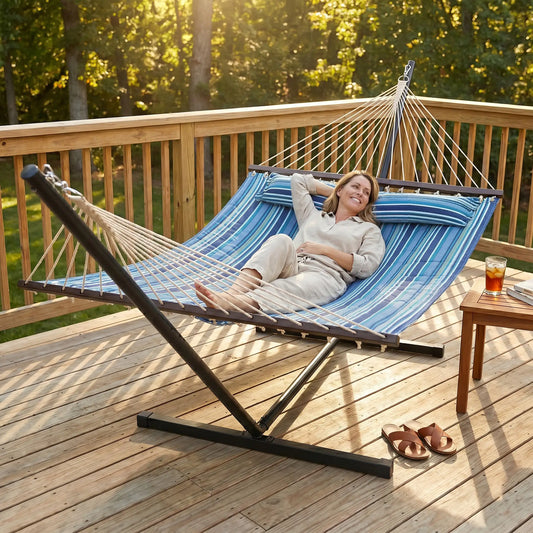 Heavy Duty Camping Hammock With Steel Frame, Blue And White Camping Hammocks Blue, White, Black at Gallery Canada
