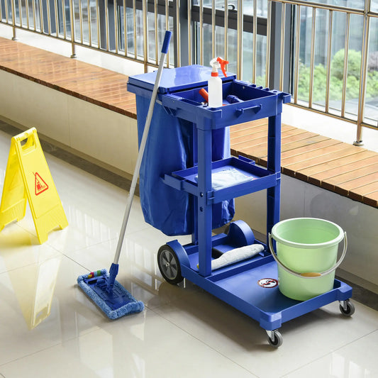 Commercial Janitorial Cart, 3 Tier Shelves, Cleaning Trolley, Rubbish Bag, Mop Mount, Blue Household Supplies Blue at Gallery Canada