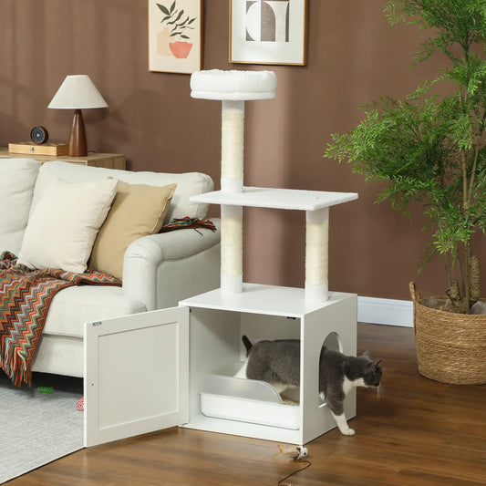 Cat Tree with Litter Box, Scratching Posts, Large Platform, Bed, White Cat Litter Box Enclosures White at Gallery Canada