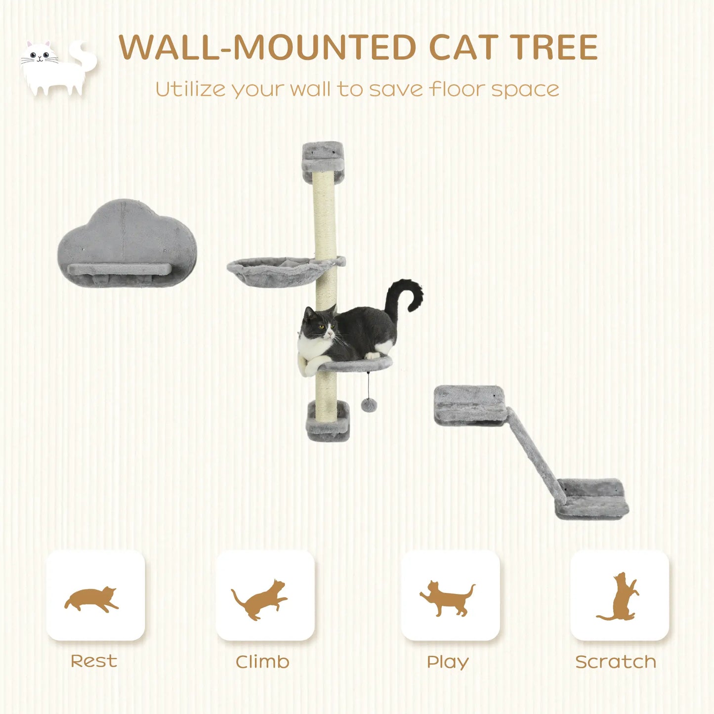 3PCs Cat Shelves, Hammock, Scratching Posts, Platforms, Grey Cat Climbing Wall at Gallery Canada