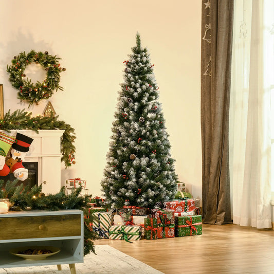6ft Flocked Christmas Tree, Red Berries Pine Cones, Pencil Shape, Green Flocked Christmas Trees Green at Gallery Canada
