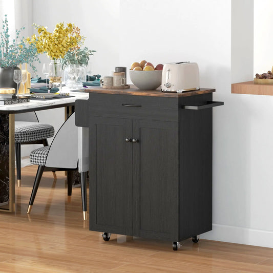 Modern Rolling Kitchen Island Cart, Natural Wood Top, Distressed Black, Black Kitchen Islands & Kitchen Carts Distressed Black, Rustic Brown at Gallery Canada