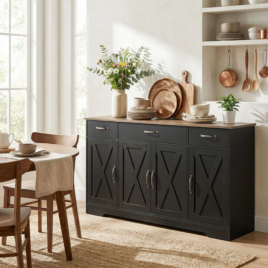 55" Sideboard Buffet Cabinet, Farmhouse Kitchen, 4 Barn Doors, 3 Drawers, Black Bar Cabinets Black, Dark Brown at Gallery Canada