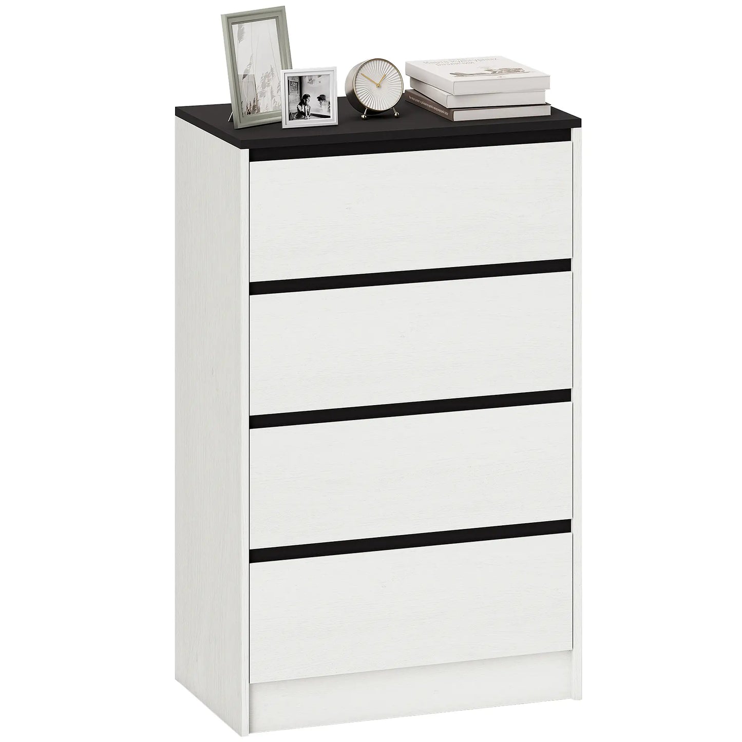 Haute commode, commode 4 tiroirs, effet bois blanc, blanc