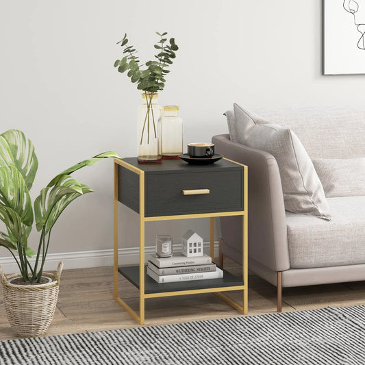 Modern Nightstand Set of 2, Small with Drawer, Shelf, Steel Frame, Black Bedside Tables Black, Gold at Gallery Canada