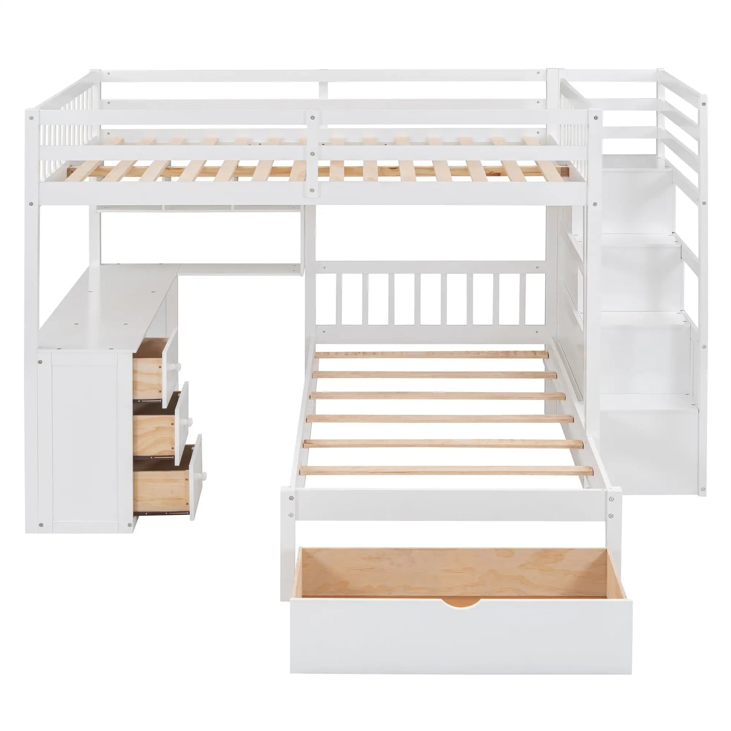 Over Twin Bunk Bed with Desk, Drawers, Shelves, 98" L x 80" W x 64.5" H, White Bed Frames at Gallery Canada