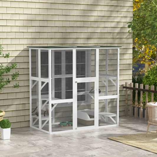 Grand Enclos Extérieur pour Chat Catio, Patio en Bois pour Chat, 70,9" x 38,6" x 70,9", Blanc