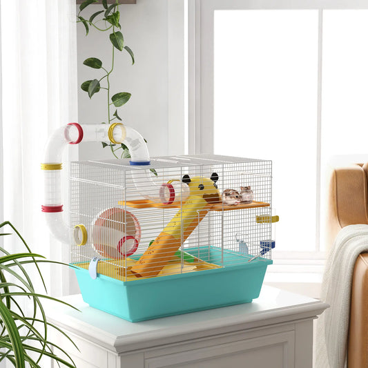 3 Tier Hamster Cage With Tunnels, Water Bottle, Exercise Wheel, 18" x 11" x 15", Light Blue Hamster Cages White, Light Blue at Gallery Canada