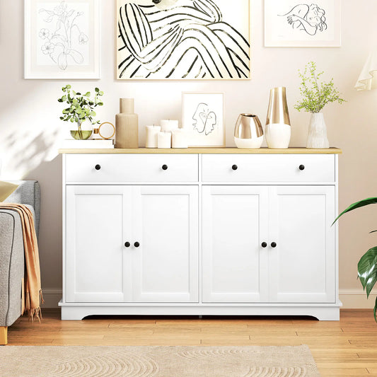 Modern Sideboard, Buffet Cabinet with Drawers, Adjustable Shelves, White Storage Cabinets White, Oak Wood Grain at Gallery Canada